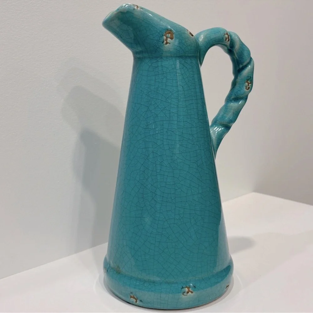 Vintage Pottery Vase Pitcher Water Jug Rustic Antique Glaze Turquoise Blue Green